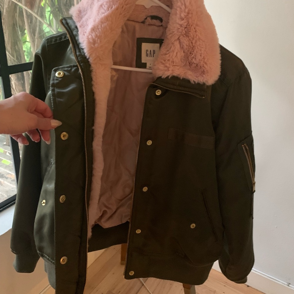 Gap Pink and Olive Bomber Jacket - Faux Fur